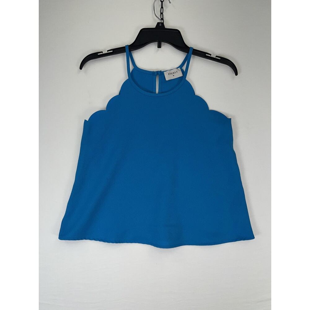 Everly Tank Top Womens Small Blue Scallop High Neck Sleeveless Camisole Top